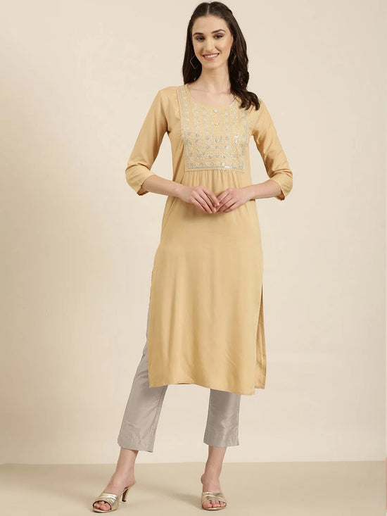 Women Beige Solid Straight Kurta-NJ-3740222-Beige