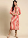 Women's Coral Striped Straight Kurta-GW-198-Coral