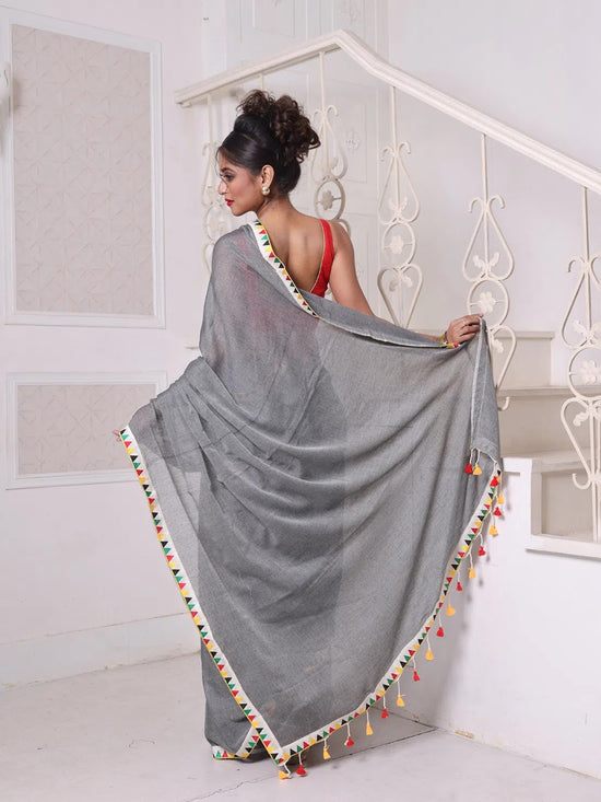 Grey Mulmul Cotton Soft Saree With Patch Work Borders-MA62MCT33830020