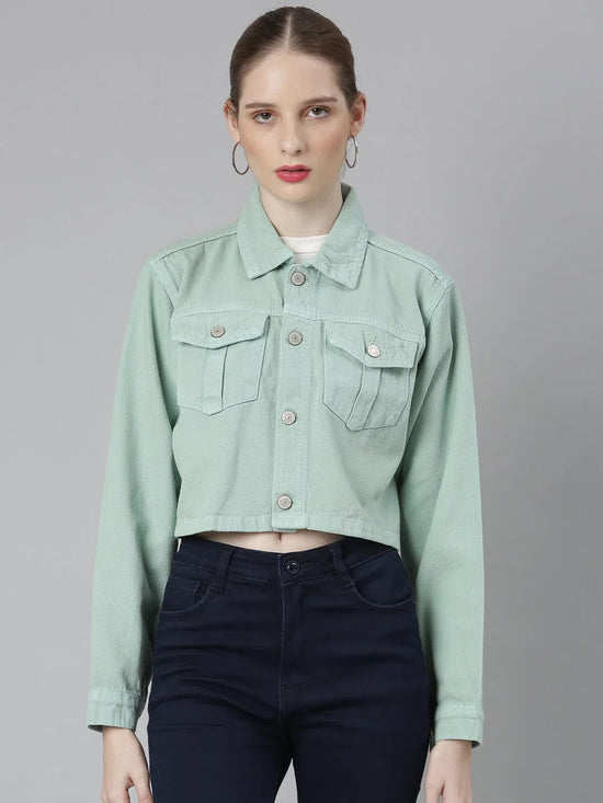 Women Sea Green Solid Denim Jacket-GZ-5600-Seagreen