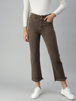 Women's Brown Solid Denim Straight Jeans-IM-9862-Brown