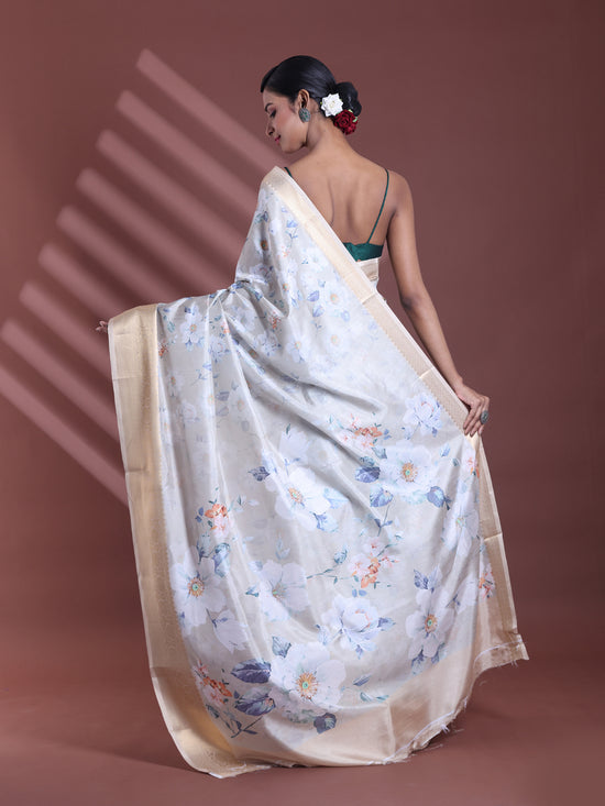 Ecru Floral Print Silk Soft Saree With Zari Border-MA60BSL01770005