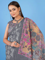 Saree Mall Women's Linen Blend Grey Printed Designer Saree With Blouse Piece-SUMER106