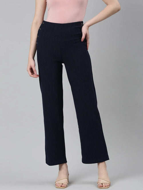 Women Navy Blue Solid Parallel Trouser-LT-KN-249-Navyblue