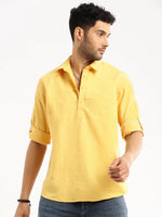 Men Yellow Solid Shirt Collar Casual Short Kurta-LAGOM-2022-Yellow