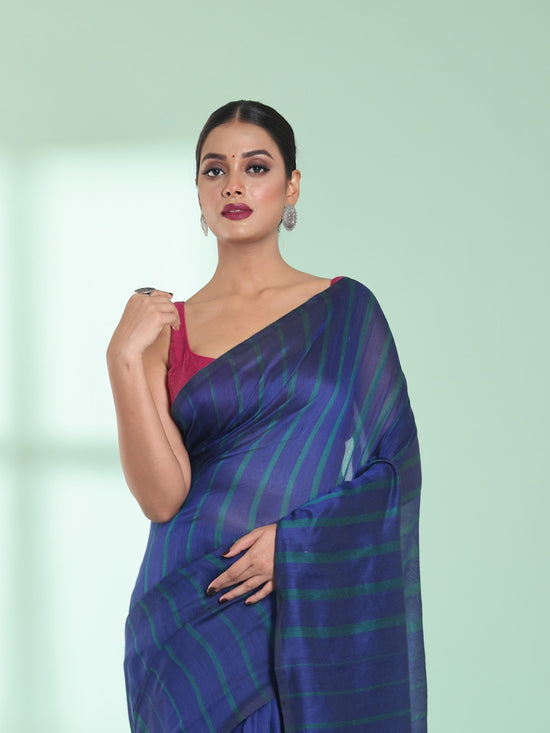 Blue Cotton Saree With Stripes Pattern-MA59CT06530046