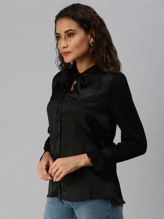 Women's Black Solid Tops-ON-516-Black