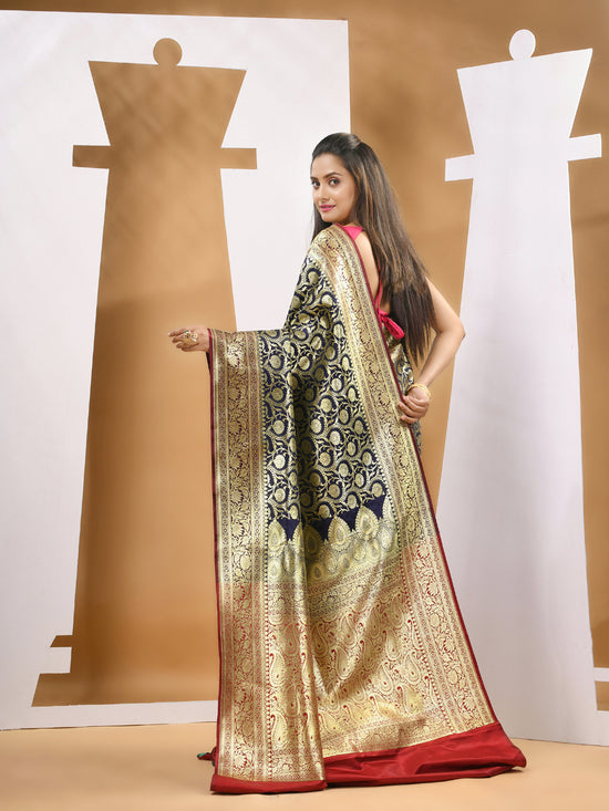 Navy Blue Silk Banarasi Saree With Zari Woven Designs-MA53BSL441050003