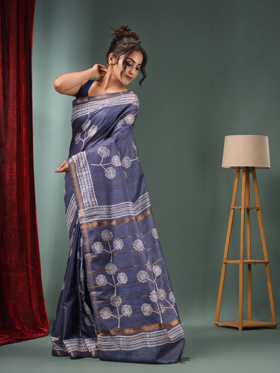 Grey Blended Silk Handwoven Saree With Flower Designs-MA50BSL34710012