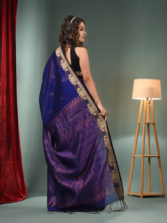 Royal Blue Cotton Blend Handwoven Saree With Woven Zari Border-MA50BCT061100033