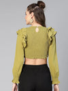 Slant Green Ruffled & Smocked Women Casual Crop Top