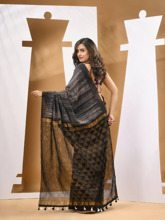 Black And Beige Matka Handwoven Saree With Shibori Designs-MA53MT063080042