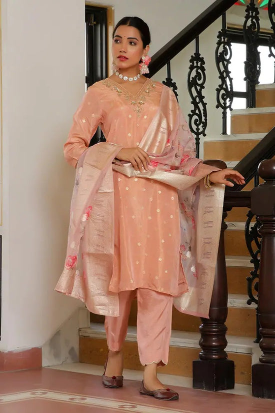 Vaasva Women Peach Tissue Brocade Embroidered Kurta With Scalloped Pant & Dupatta-129-Vaas-Peach