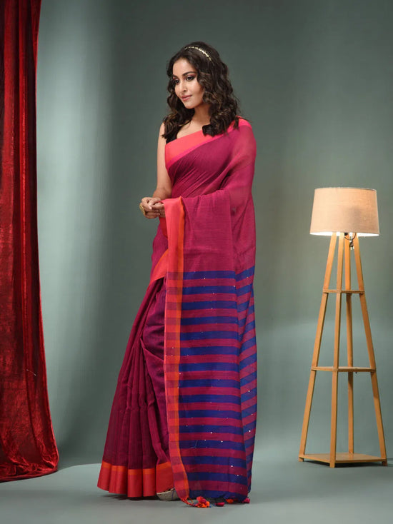 Magenta Cotton Blend Handwoven Saree With Stripes Pallu-MA50BCT06550051