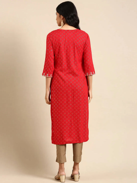 Women's Red Embroidered Straight Kurta-AT-A-769-Red