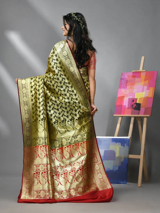 Olive Green Silk Banarasi Saree With Zari Woven Designs-MA52BSL441050009