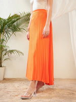 Women Orange Satin Accordion Pleated Maxi Skirt