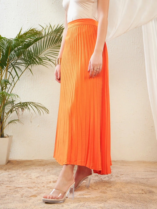 Women Orange Satin Accordion Pleated Maxi Skirt