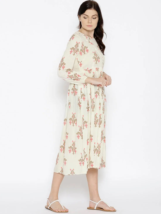 Midi dress with ikat print and balloon sleeve in Off White