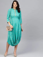 Front Cowl chinese collar printed dress in Mint Blue