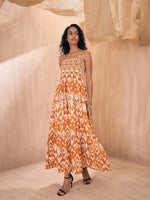 Women Brown Ikat Print Smocked Bust Tiered Maxi