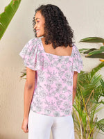 Women Pink Floral Sweetheart Neck Flared Sleeve Top