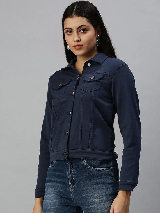 Women's Blue Solid Denim Jacket Jackets-LT-JKT19428-Navyblue