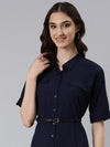 Women Navy Blue Solid A-Line Dress-DF-1587-Navyblue