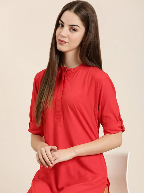 Women Red Solid Straight Kurta-DF-1356-Red