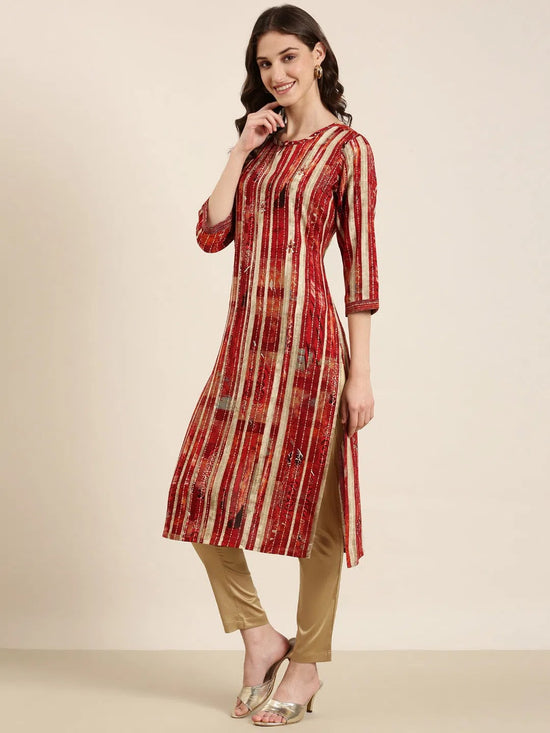 Women Maroon Striped Straight Kurta-HO-2723-Maroon