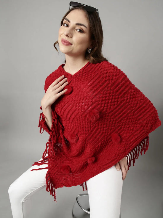 Women Open Knit Red Longline Poncho-CHN-9931-Red