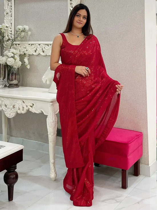 Saree Mall Women's Georgette Red Embellished Designer Saree With Blouse Piece-KESARI7206