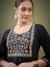 Women Black Zari Embroidered Kurta with Pants