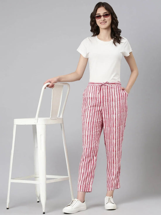 Women White Striped Trouser-BGE-006-Whitepink