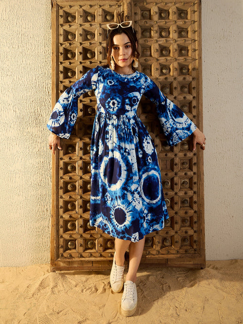 Bell Sleeve Midi Dress in Blue Tie & Dye-TP0339TD7