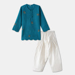 Desi Soota Scallop Cut Embroidered Cotton Kurta Pajama Set for Boys - Blue-M022