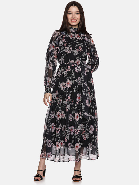 Floral Black Ruffled Blouson Sleeve Dress-17409