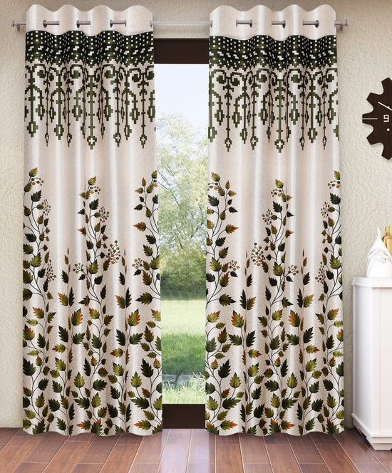 Home Sizzler 2 Pieces Leafy Elegance Panel Eyelet Polyester Door Opaque Curtains - 7 Feet, Green-HS2PC001734DR