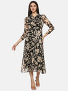 Floral Black Ruched Sleeve Midaxi Dress-17358