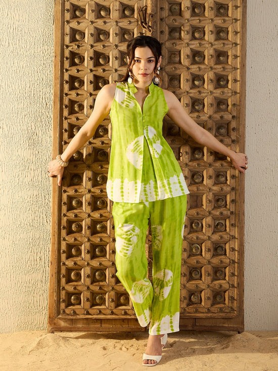 Sleeveless Box Pleat Top with Pants Co-Ord Set in Lime Green Tie & Dye-TP0547TD14