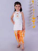 Lil Drama Cotton Kurta with Tye & Dye Dhoti Sets for Girls - White and Orange