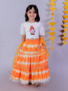 Lil Drama Cotton Tye & Dye Lehanga and Embroidered Choli with Net Dupatta Sets for Girls - White and Orange