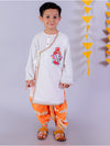 Lil Drama Cotton Embroidered Kurta with Tye & Dye Dhoti Sets For Boys - White and Orange