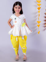 Lil Drama Cotton Embroidered Kurta with Tye & Dye Dhoti Sets for Girls - White and Yellow