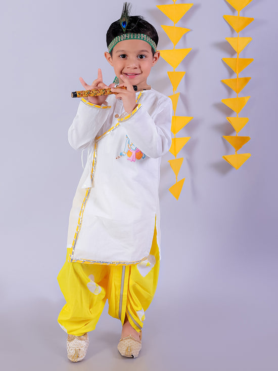 Lil Drama Cotton Embroidered Kurta with Tye & Dye Dhoti Sets For Boys - White and Yellow