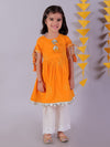 Lil Drama Cotton Embroidered Mull Kurta with Tassles and Pyjama Sets For Girls - Orange and White