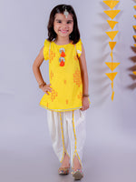 Lil Drama Cotton Embroidered Mull Kurta with Tassles and Dhoti Sets For Girls - Yellow and White