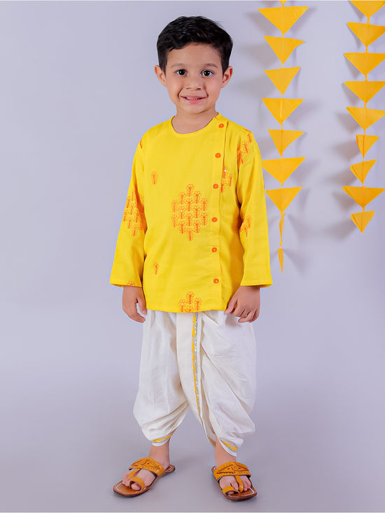 Lil Drama Cotton Embroidered Mull Kurta with Dhoti Sets For Boys - Yellow and White