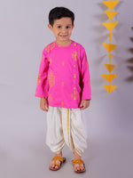 Lil Drama Cotton Embroidered Mull Kurta with Dhoti Sets For Boys - Pink and White