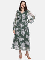 Floral Green Blouson Sleeve Maxi Dress-17410